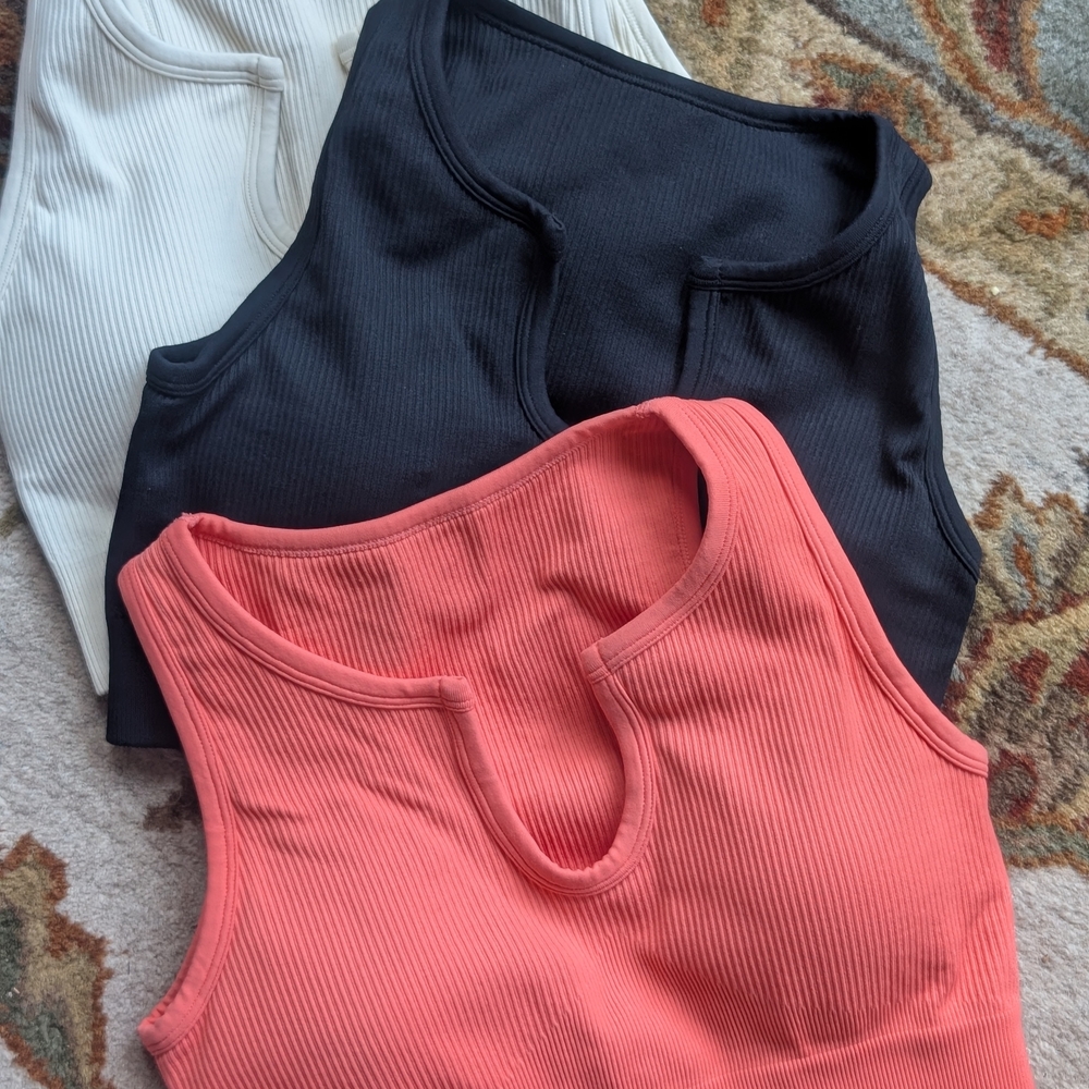Ribbed Sports Bra Tops - 3 Piece Black, Cream, Coral